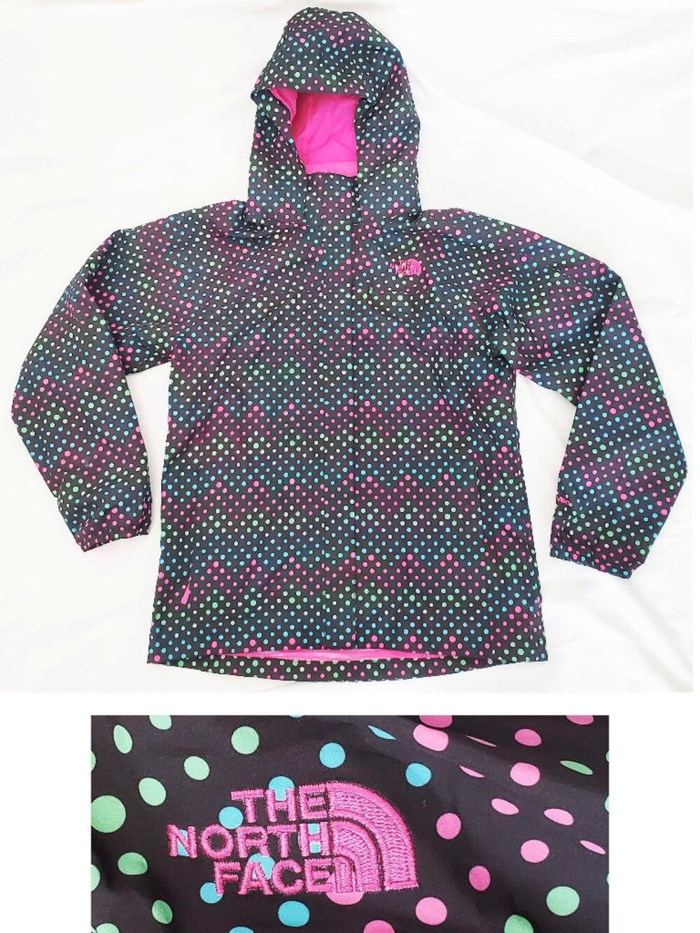 The North Face Girls Pink POLKA DOT Black Parka Jacket Light Mesh Liner XL 18